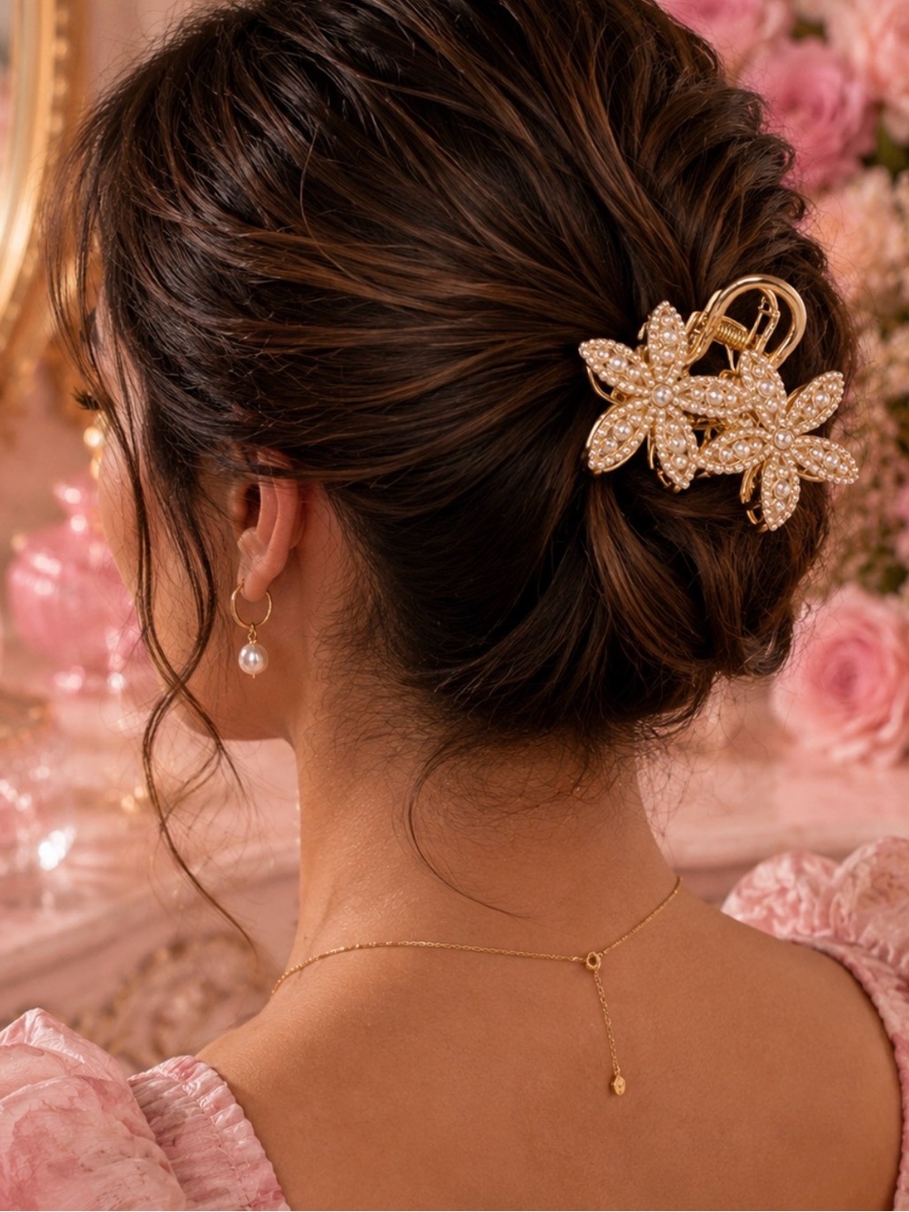 Gold Pearl Floral Hair Clip - Women Accessories